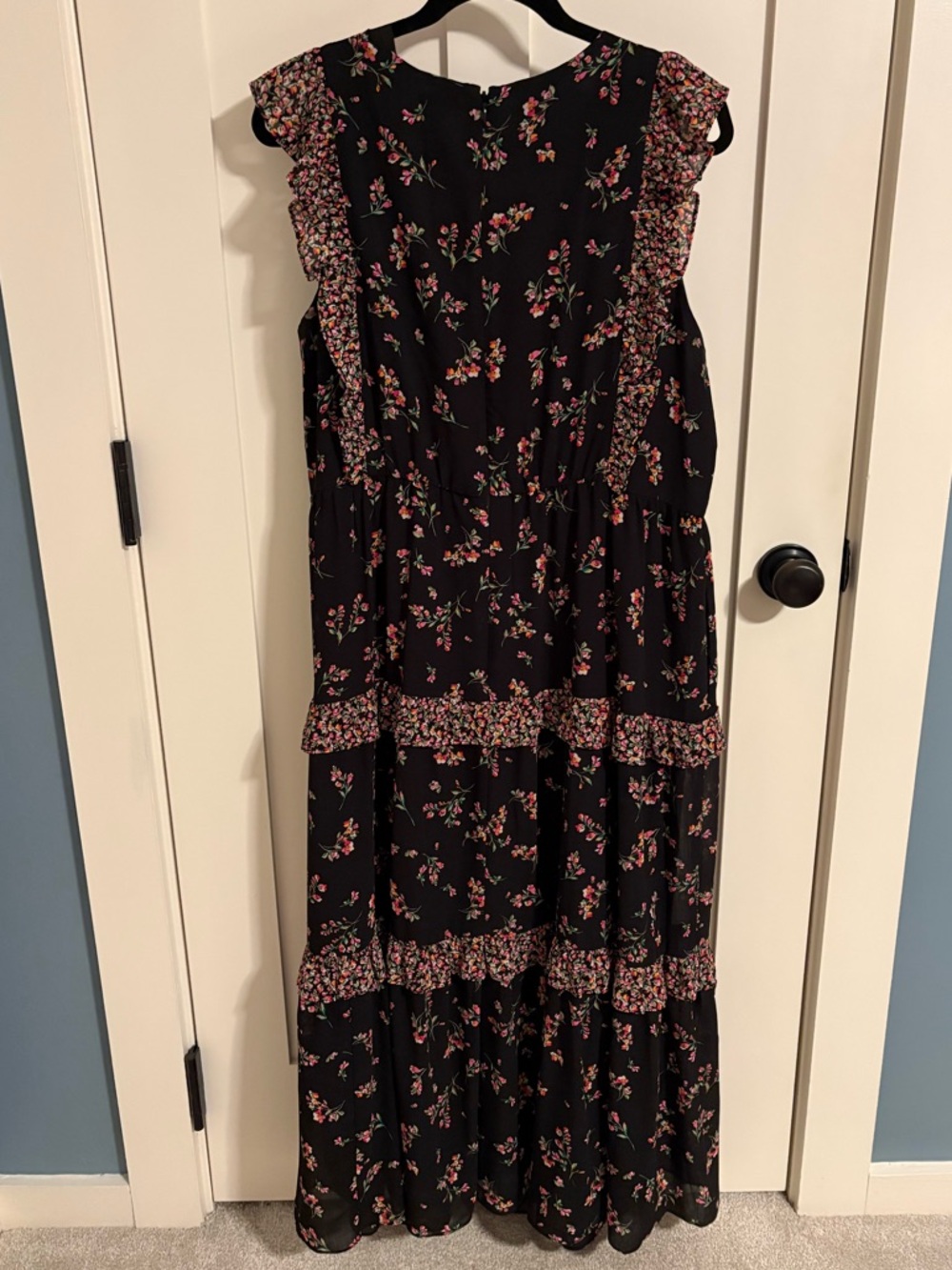 J. Crew Factory Black Maxi Dress with Pink Floral Print and Ruffle Details - Picture 2 of 3